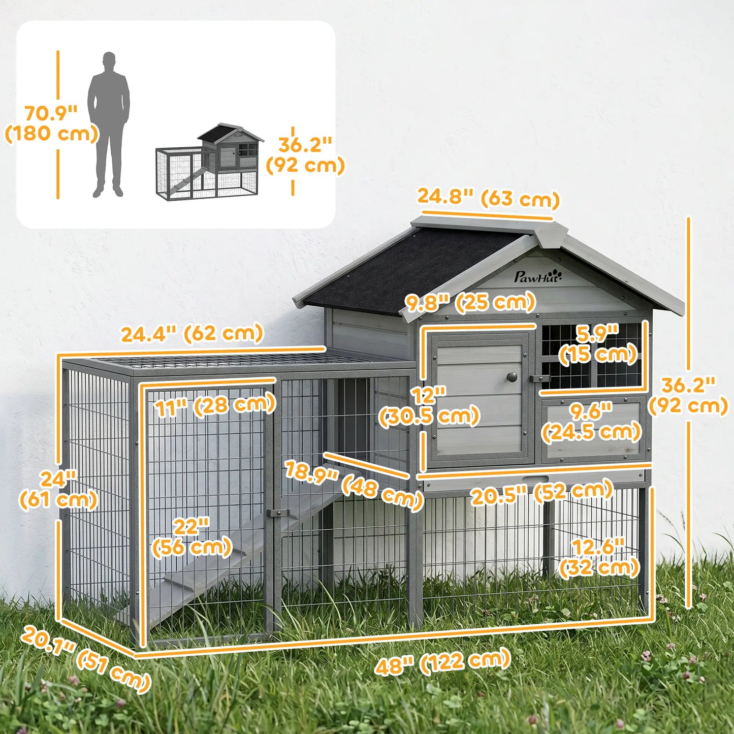 48"L Large Wooden Rabbit Hutch Outdoor, Grey