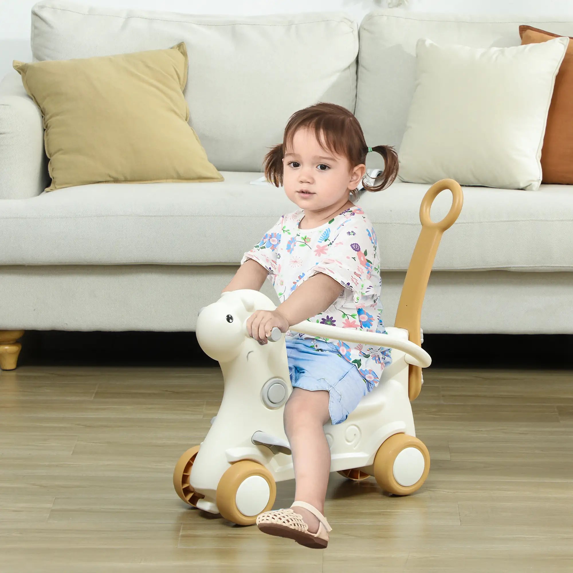 Rocking Horse for Toddlers, Balance Board, Push Handle, 4 Wheels, Brown Rocking Horses at Gallery Canada