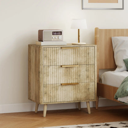 Fluted Chest of Drawers, Modern 3 Drawer Dresser with Pine Wood Legs, Oak Storage Cabinets at Gallery Canada