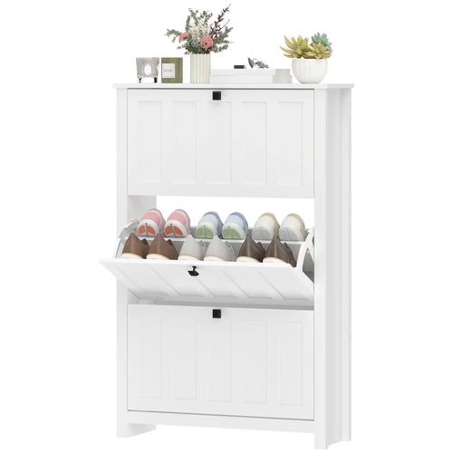 Slim Shoe Cabinet, 3 Flip Drawers, Adjustable Shelves, Holds 18 Pairs, White