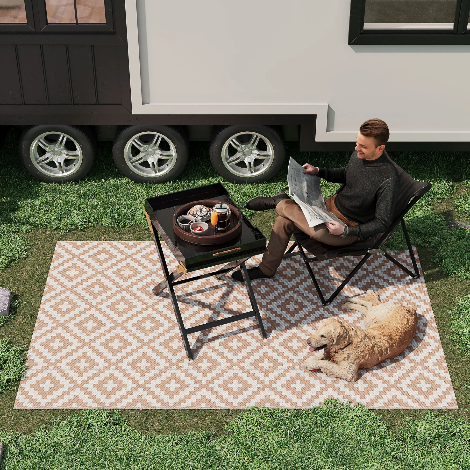 Reversible Outdoor RV Rug, Patio Floor Mat, 6' x 9', White, Coffee Garden Decor at Gallery Canada