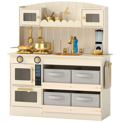 Ensemble de cuisine en bois pour enfants, lumières, sons, 12 pièces, crème