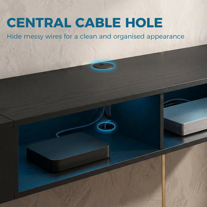 TV Stand with RGB LED Lights, Entertainment Center with Open Shelves for 75 Inch TV, Black Wood Grain
