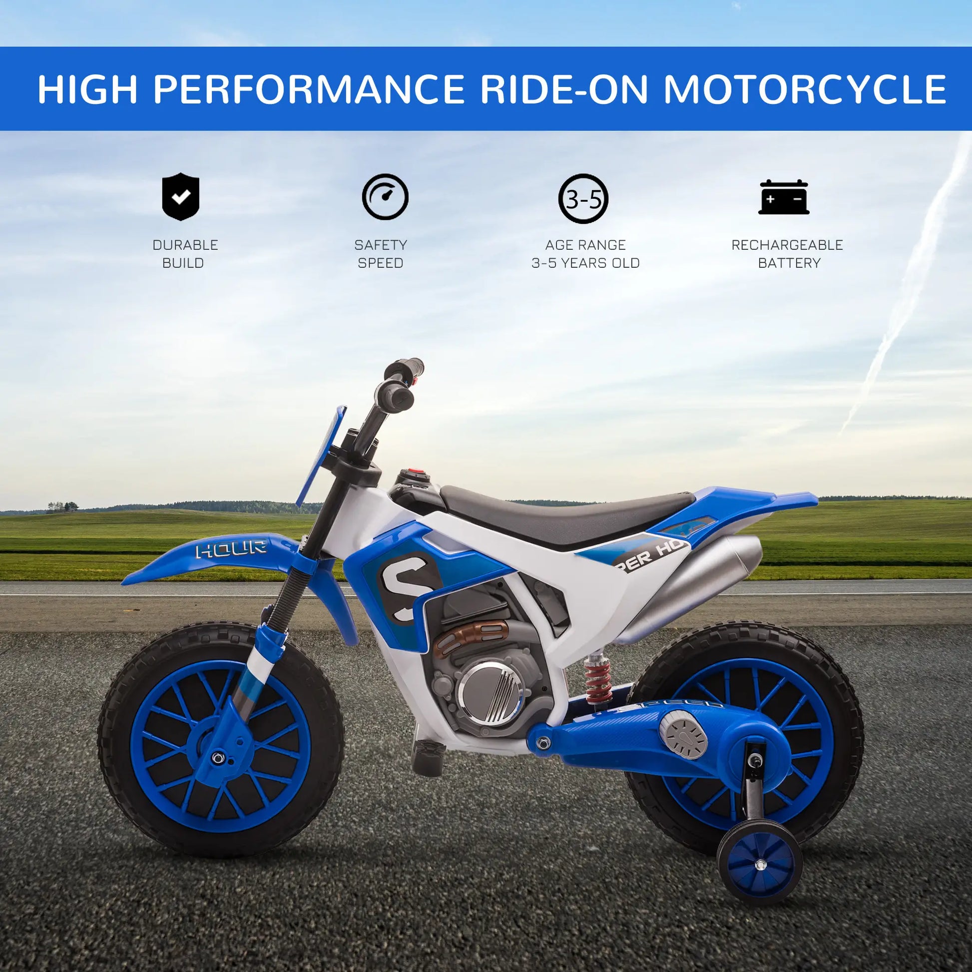 Kids Dirt Bike, 12V Battery, Training Wheels, Blue Electric Motorcycles at Gallery Canada