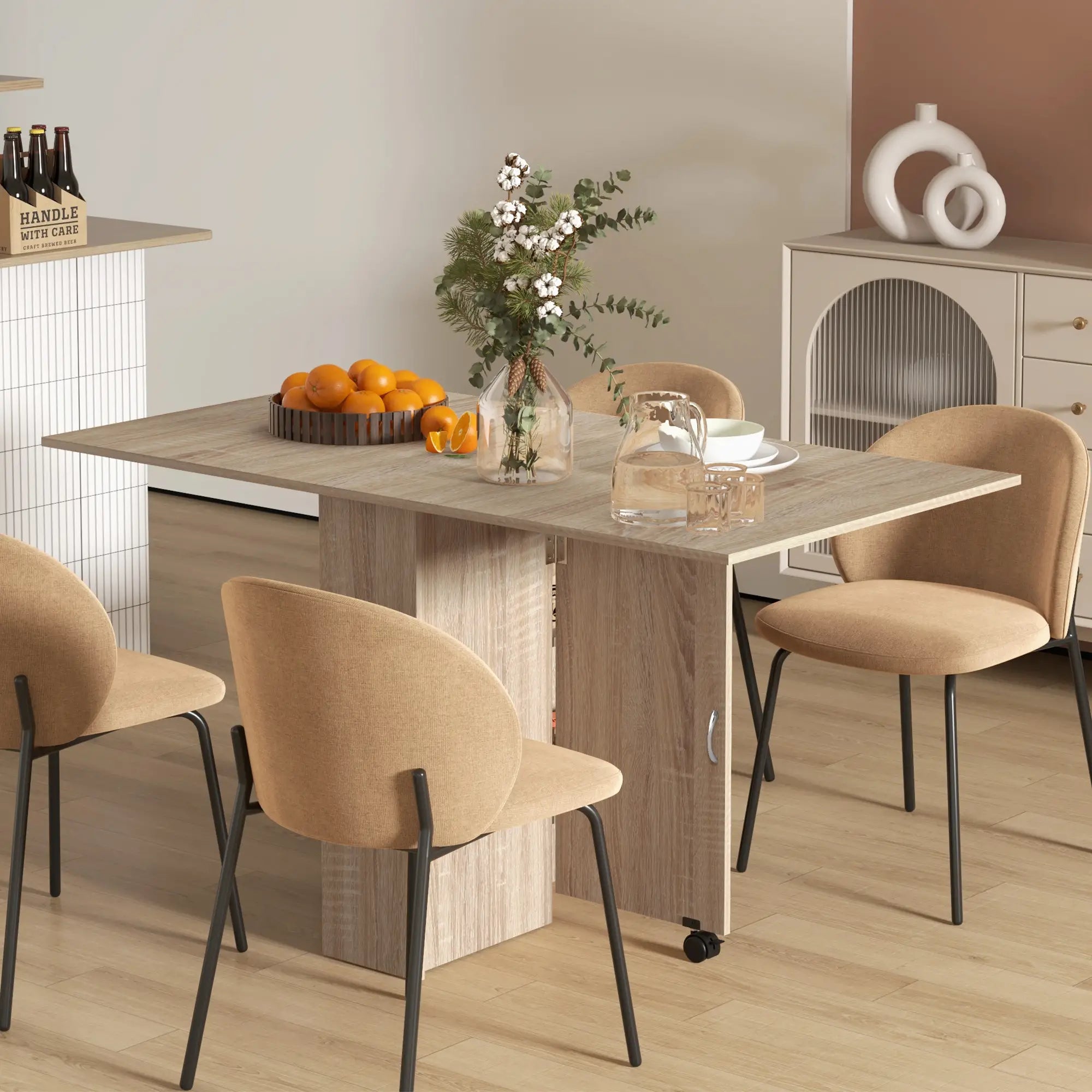 Extendable Dining Table, Collapsible w/ 2-Tier Shelves, Rolling Casters, Nature Wood Dining Tables at Gallery Canada