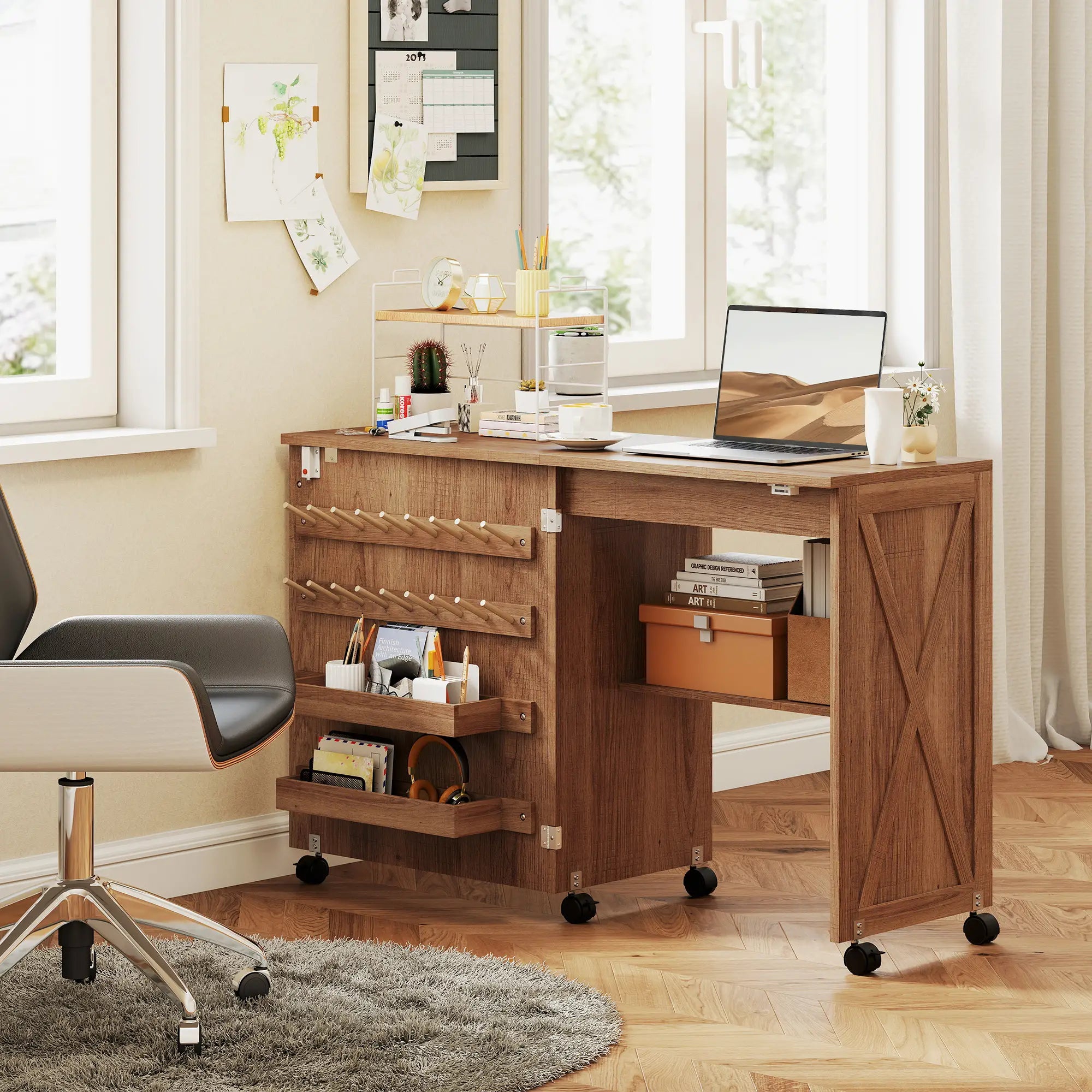 Sewing Machine Table on Wheels, Folding Craft Table with Storage, Brown Sewing Cabinets at Gallery Canada