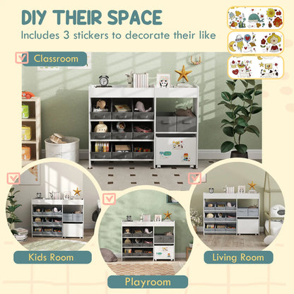 Kids Toy Storage Organizer with 11 Bins, Moveable Cabinet, Top Shelves, 3 Stickers, for Nursery, Playroom, White Bookshelves & Bookcases at Gallery Canada
