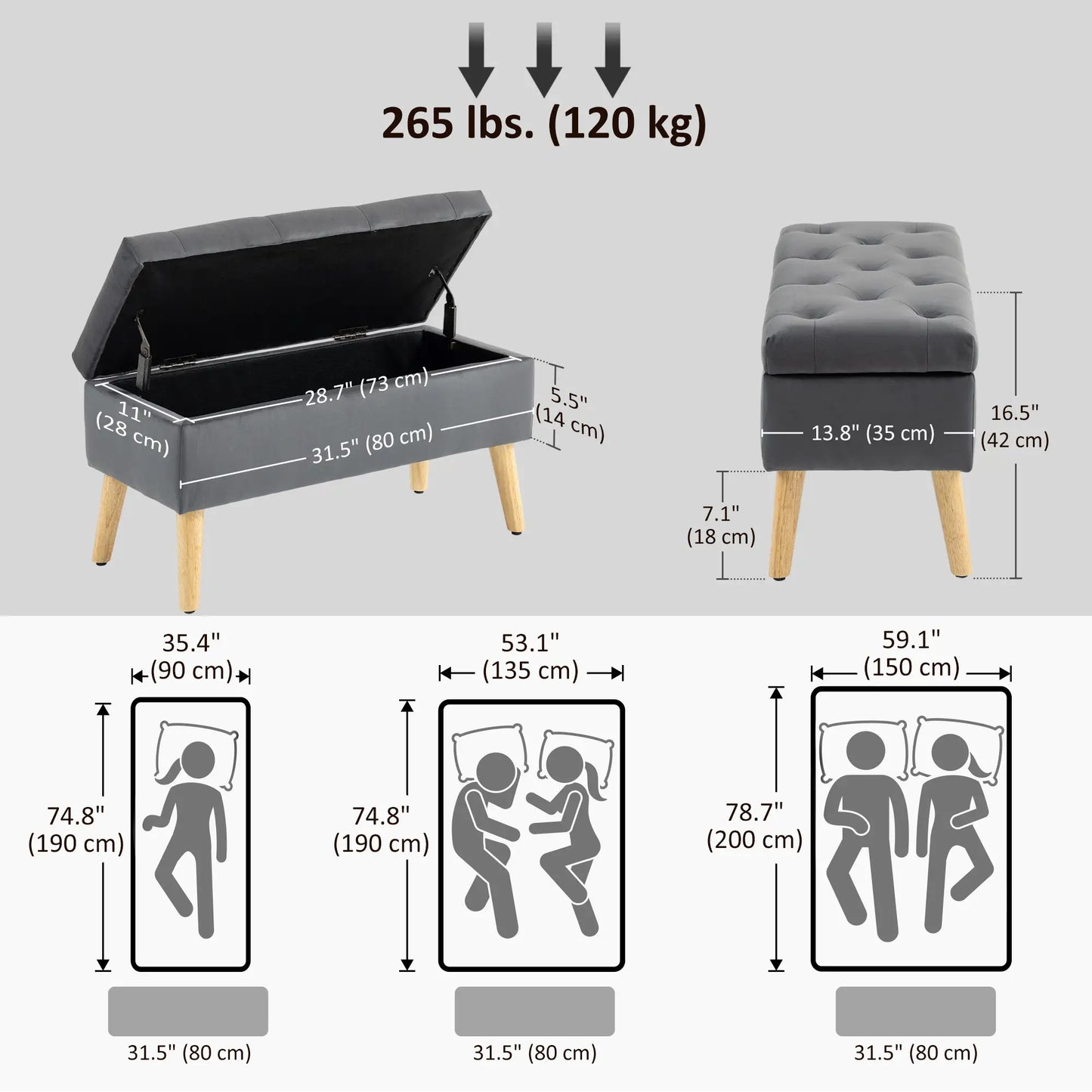 Velvet Storage Ottoman with Lid, Wood Legs, Charcoal Grey