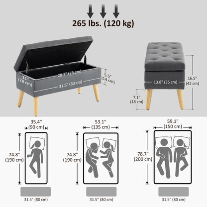 Velvet Storage Ottoman with Lid, Wood Legs, Charcoal Grey