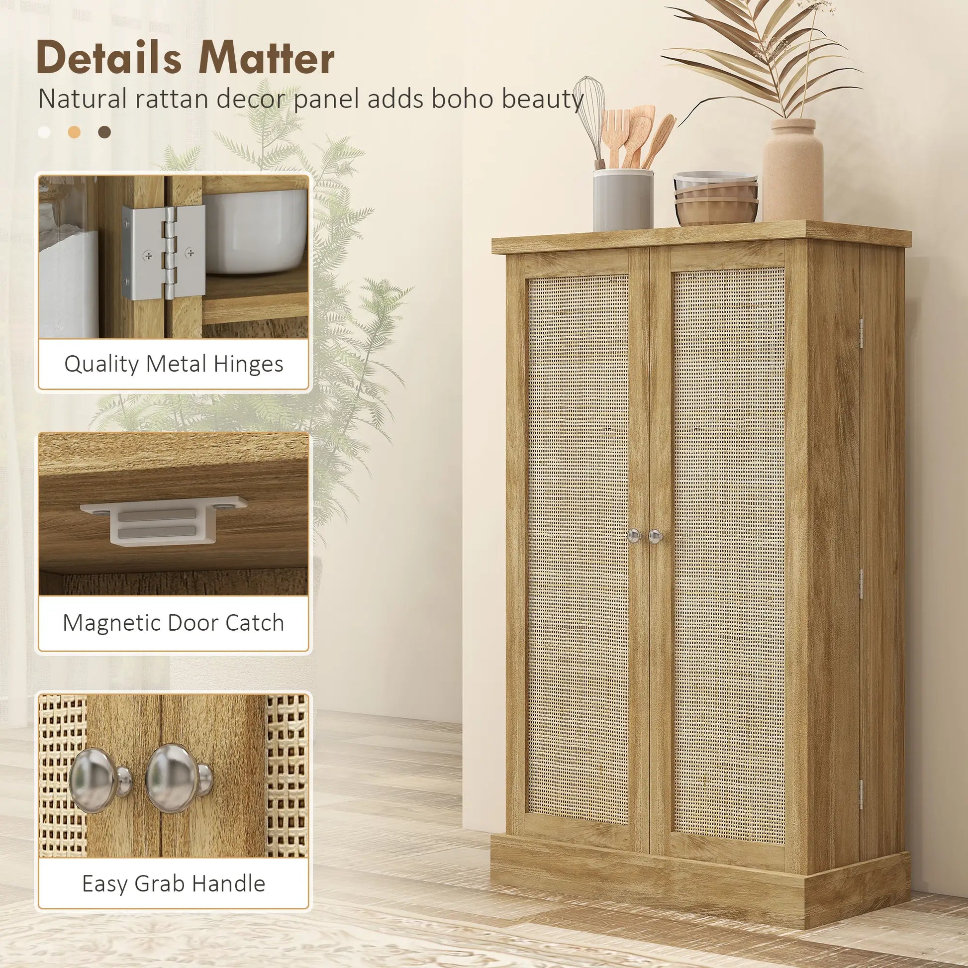 41" Rattan Kitchen Storage Cabinet, 5-Tier Shelf, 12 Spice Racks, Adjustable Shelves, Natural Kitchen Pantry Cabinets at Gallery Canada