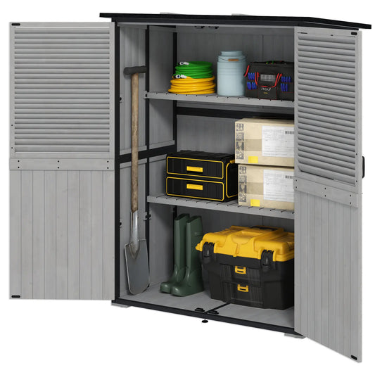 Outdoor Storage Cabinet, Wood Garden Shed, Steel Frame, Asphalt Roof, 2 Shelves, Lockable Doors, Grey Sheds Grey, Black at Gallery Canada