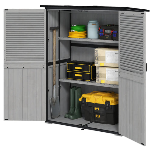 Outdoor Storage Cabinet, Wood Garden Shed, Steel Frame, Asphalt Roof, 2 Shelves, Lockable Doors, Grey