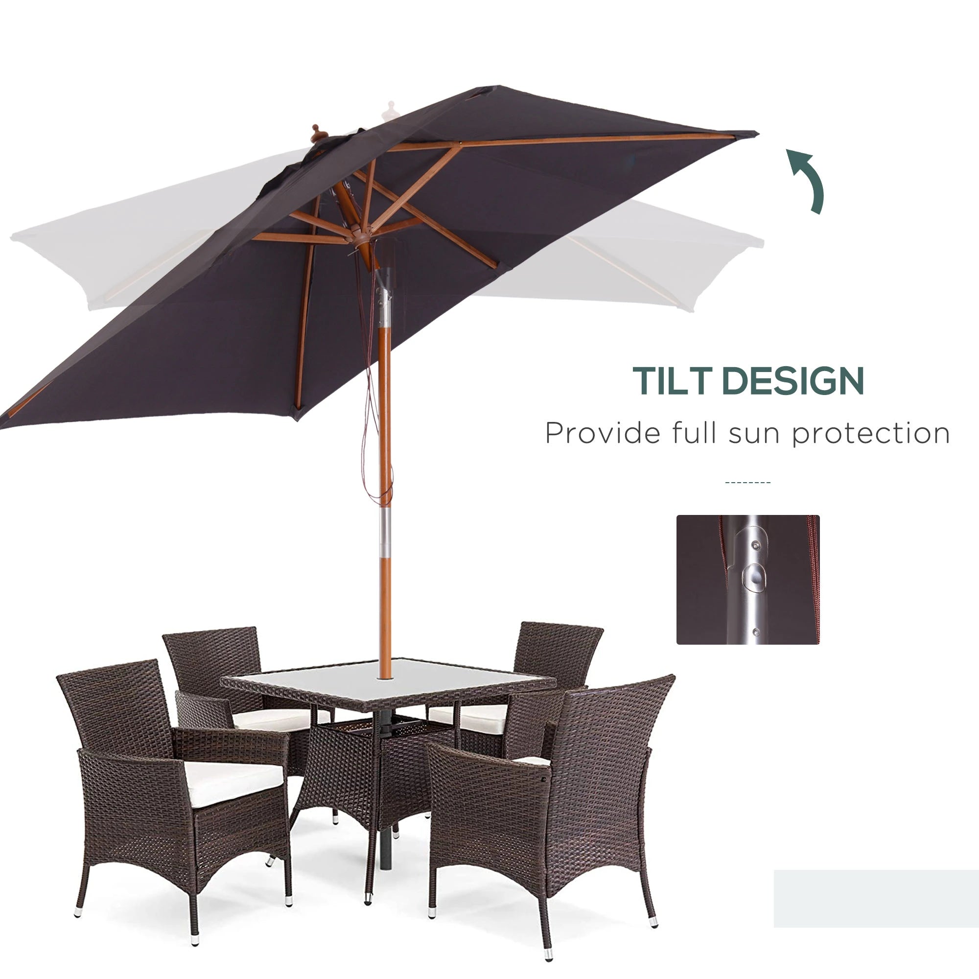 6.6x5ft Square Market Parasol, Wooden Patio Umbrella, Tilt Mechanism, 6 Bamboo Ribs, Dark Grey Sun Umbrellas at Gallery Canada