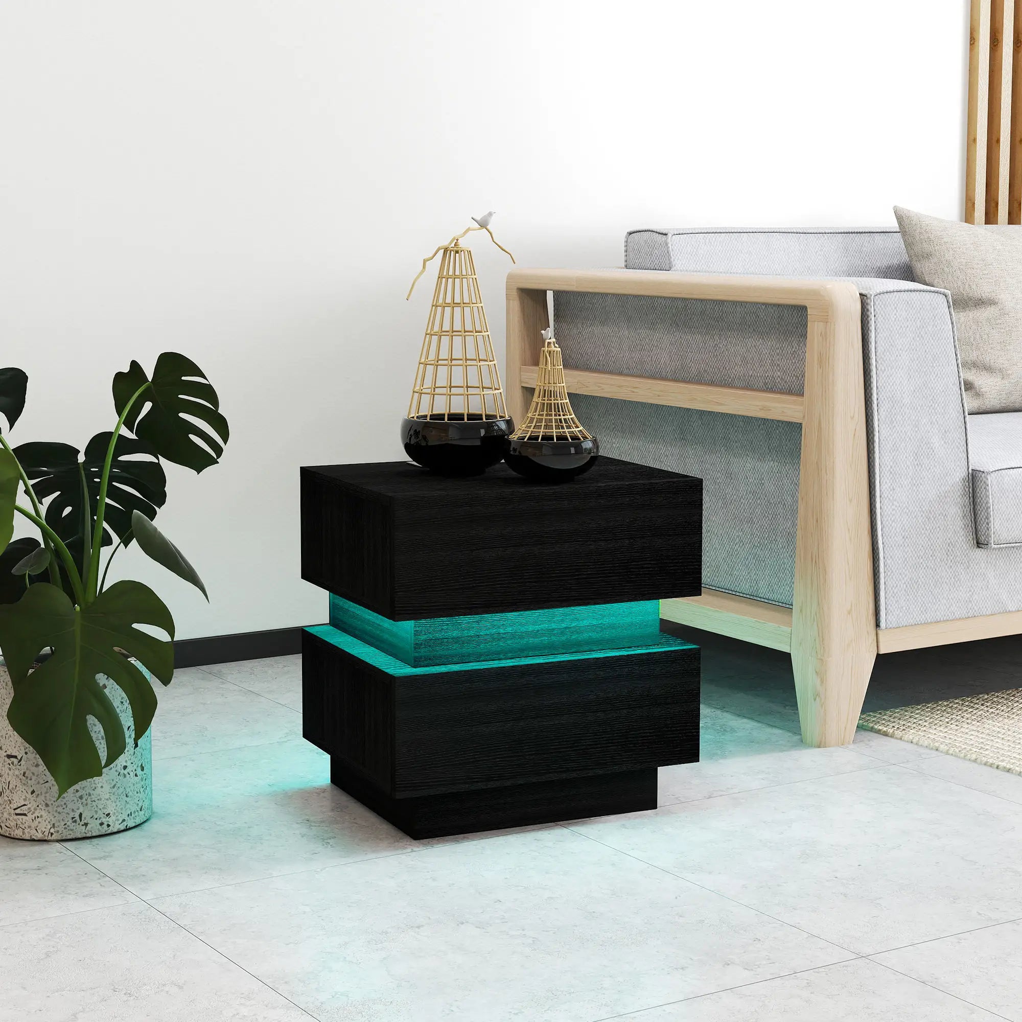 Modern Bedside Table with Charging Station, LED Light, USB Ports, Black Bedside Tables at Gallery Canada