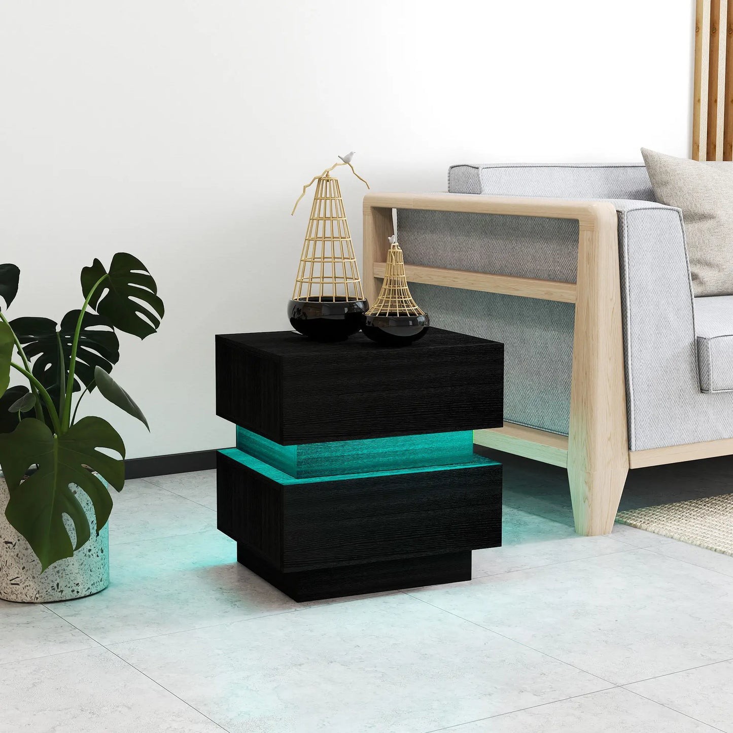 Modern Bedside Table with Charging Station, LED Light, USB Ports, Black Bedside Tables at Gallery Canada