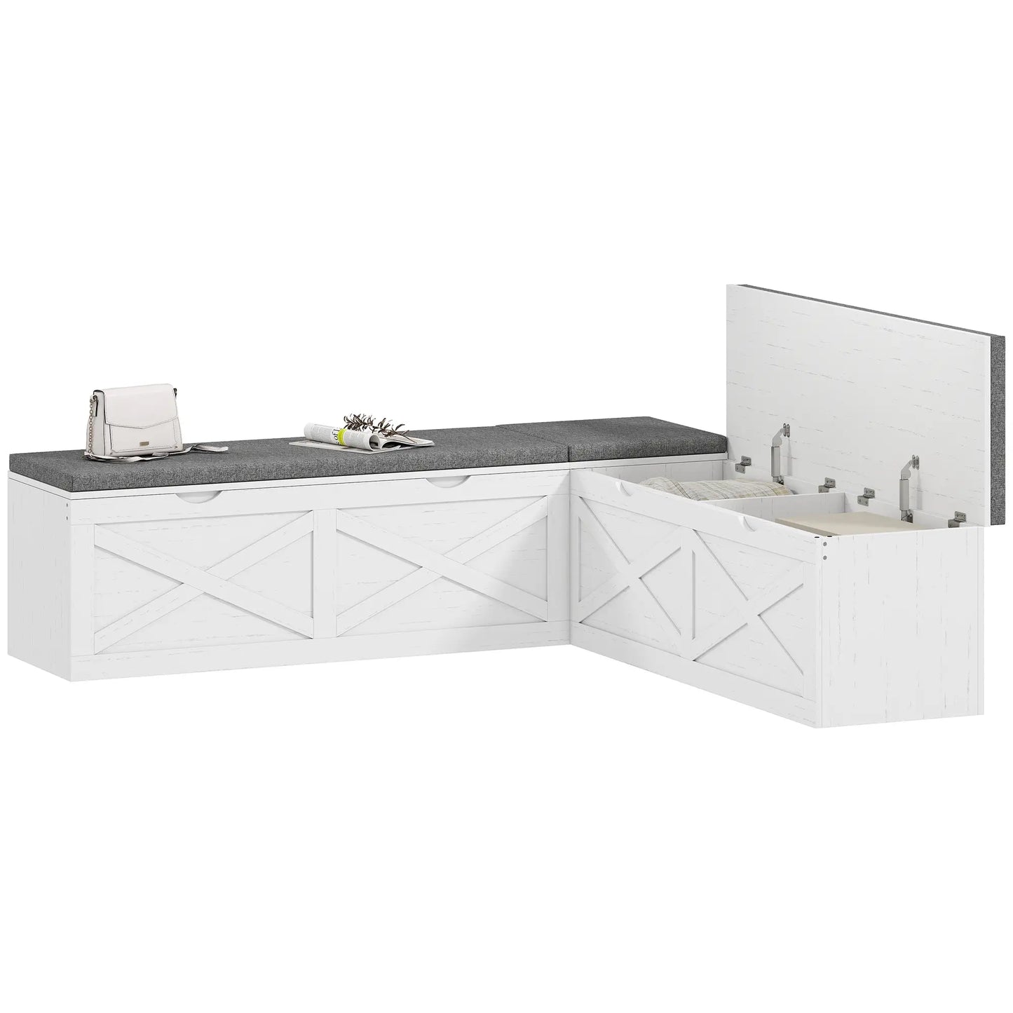 L-Shaped Shoe Bench With Padded Cushion, White