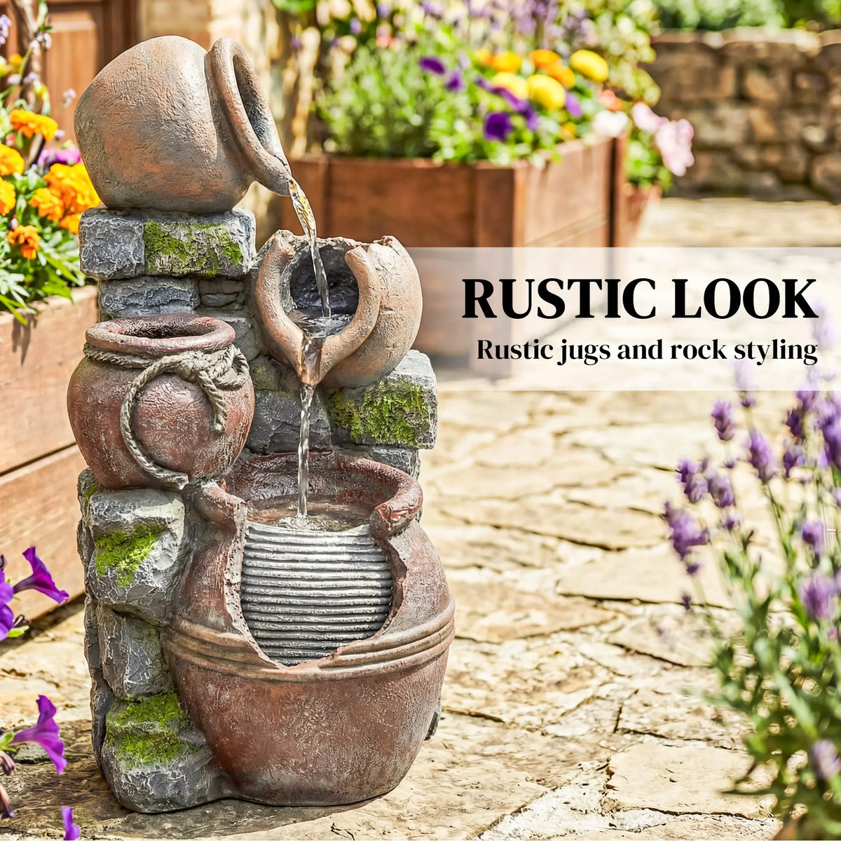 Outdoor Fountain, 4-Tier Rustic Pot, Cascading Rock Waterfall, LED Lights, Adjustable Flow Water Fountains at Gallery Canada