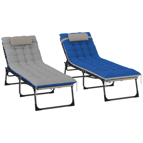 Folding Chaise Lounge Chair Set Of 2, With Cushion And Side Pocket, Brown/Blue