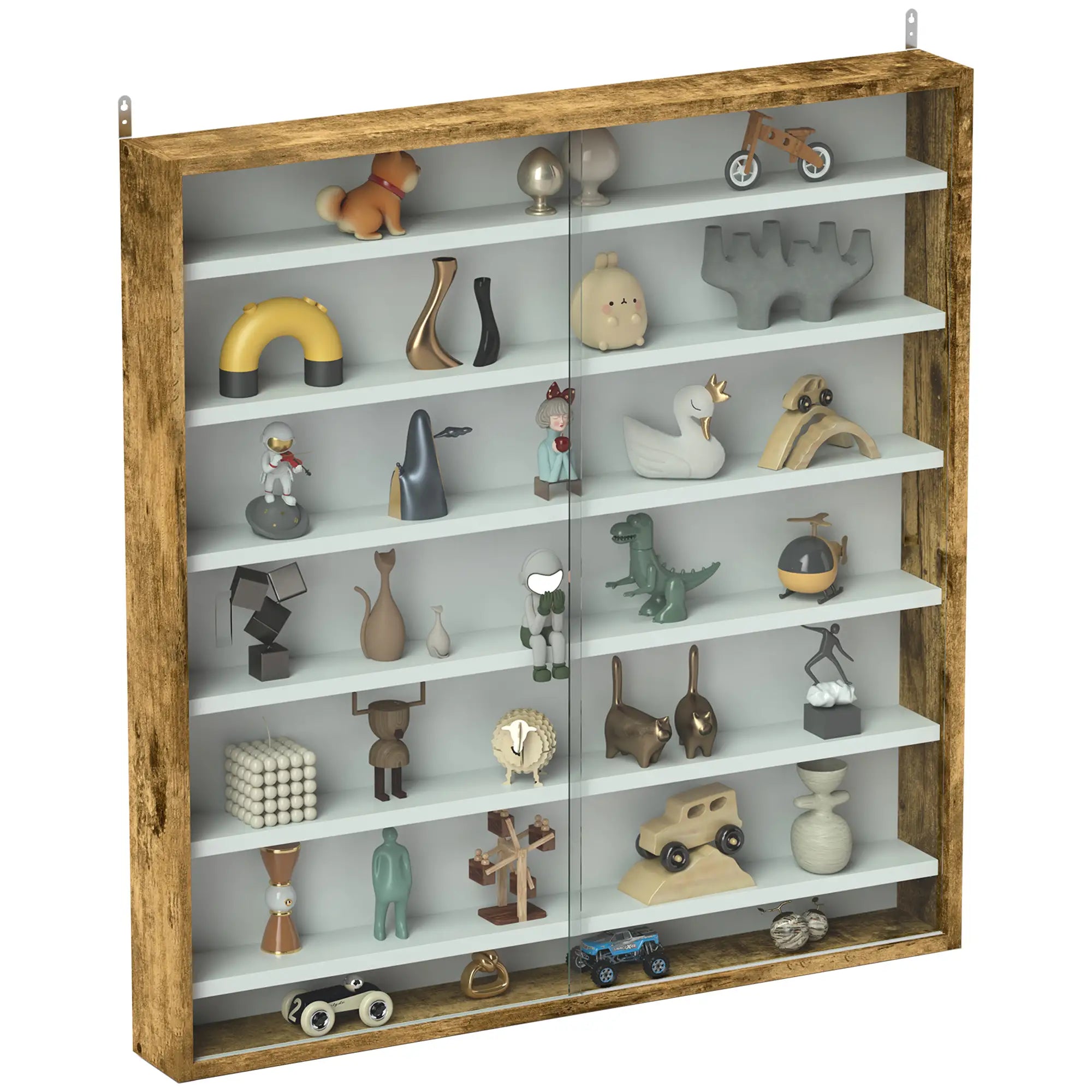 7-Tier Glass Curio Cabinet, 2 Glass Doors, 6 Adjustable Shelves, Rustic Brown Display Bookshelves at Gallery Canada