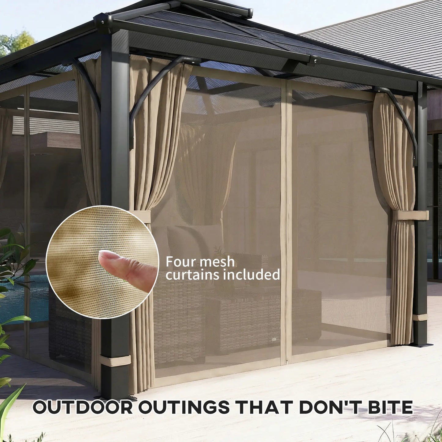 10' x 10' Hardtop Gazebo, 7mm Double Polycarbonate Roof, Netting And Curtains, Khaki Gazebos at Gallery Canada