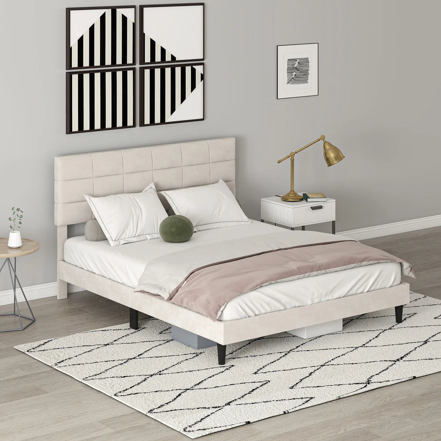Queen Size Bed Frame, Upholstered Headboard, Wood Slats, 1100 lbs, Cream Bed Frames at Gallery Canada