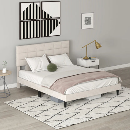 Queen Size Bed Frame, Upholstered Headboard, Wood Slats, 1100 lbs, Cream Bed Frames at Gallery Canada