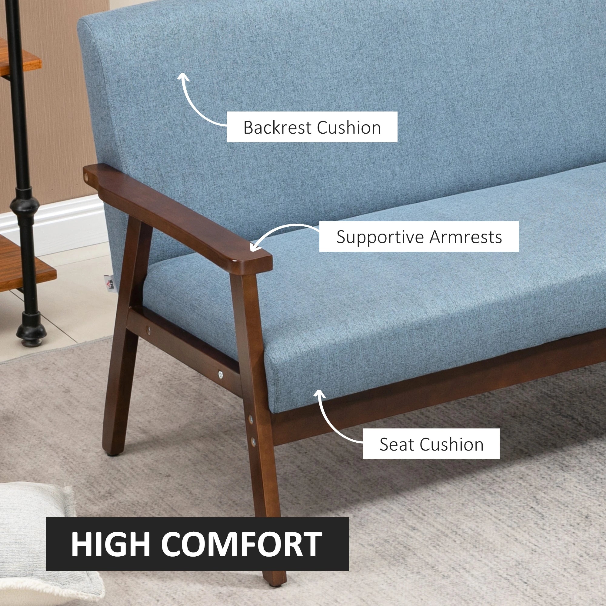 Compact Loveseat Sofa, Linen Fabric, Double Seat, Rubber Wood Legs, Blue 2-Seater Sofas at Gallery Canada