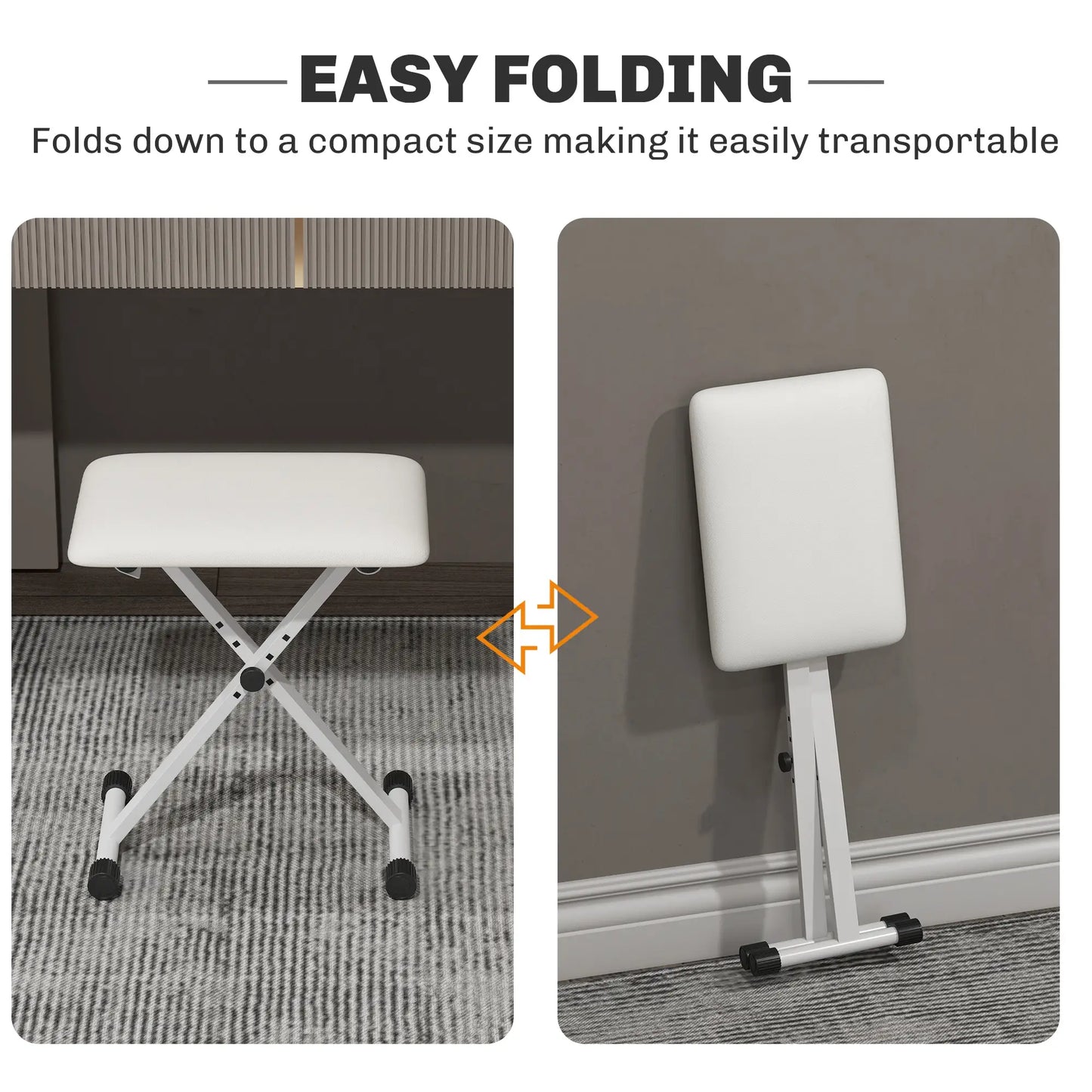 Adjustable Piano Bench, X-Style Folding Piano Stool with Padded Seat, Non-Slip Rubber Feet, Keyboard Chair, White