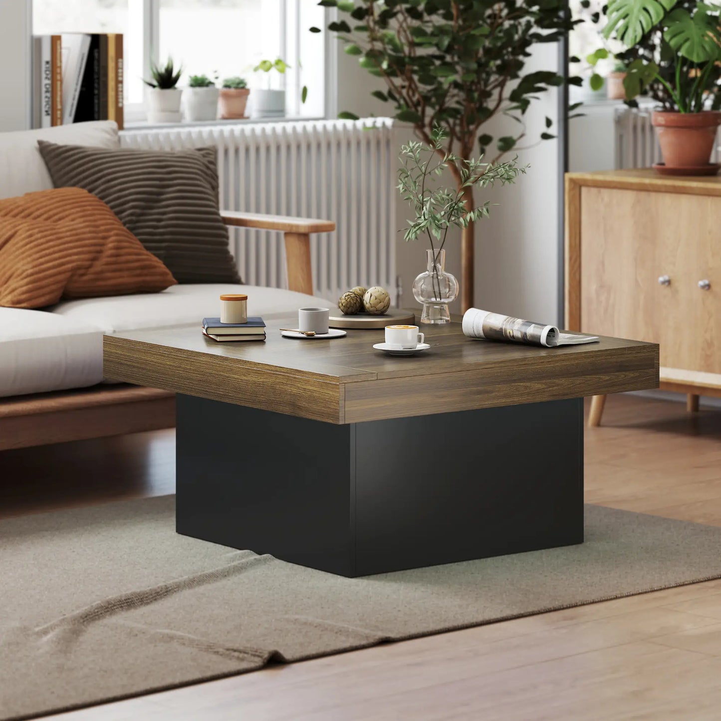 Square Coffee Table with LED Lights, 35-inch, Walnut Coffee Tables at Gallery Canada