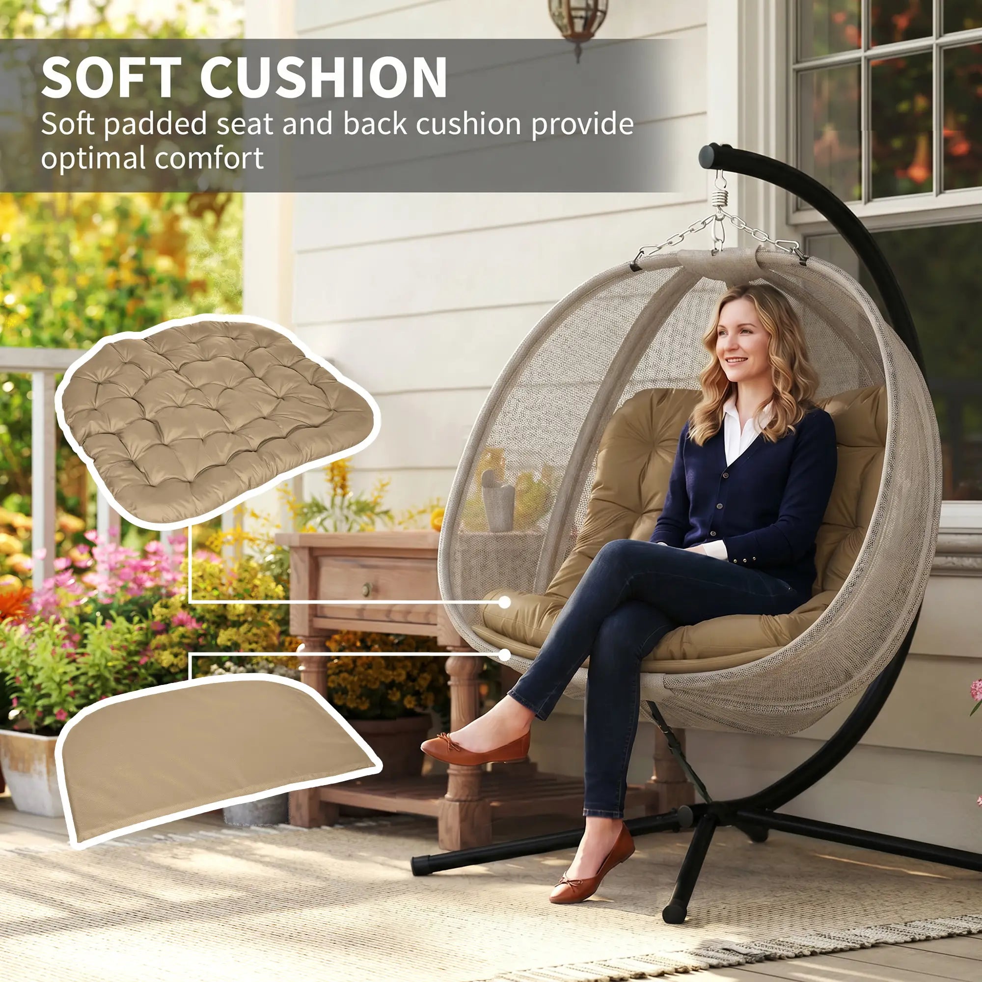Double Egg Chair with Stand, 2 Person Hanging Swing, Khaki Patio Swings with Stand at Gallery Canada