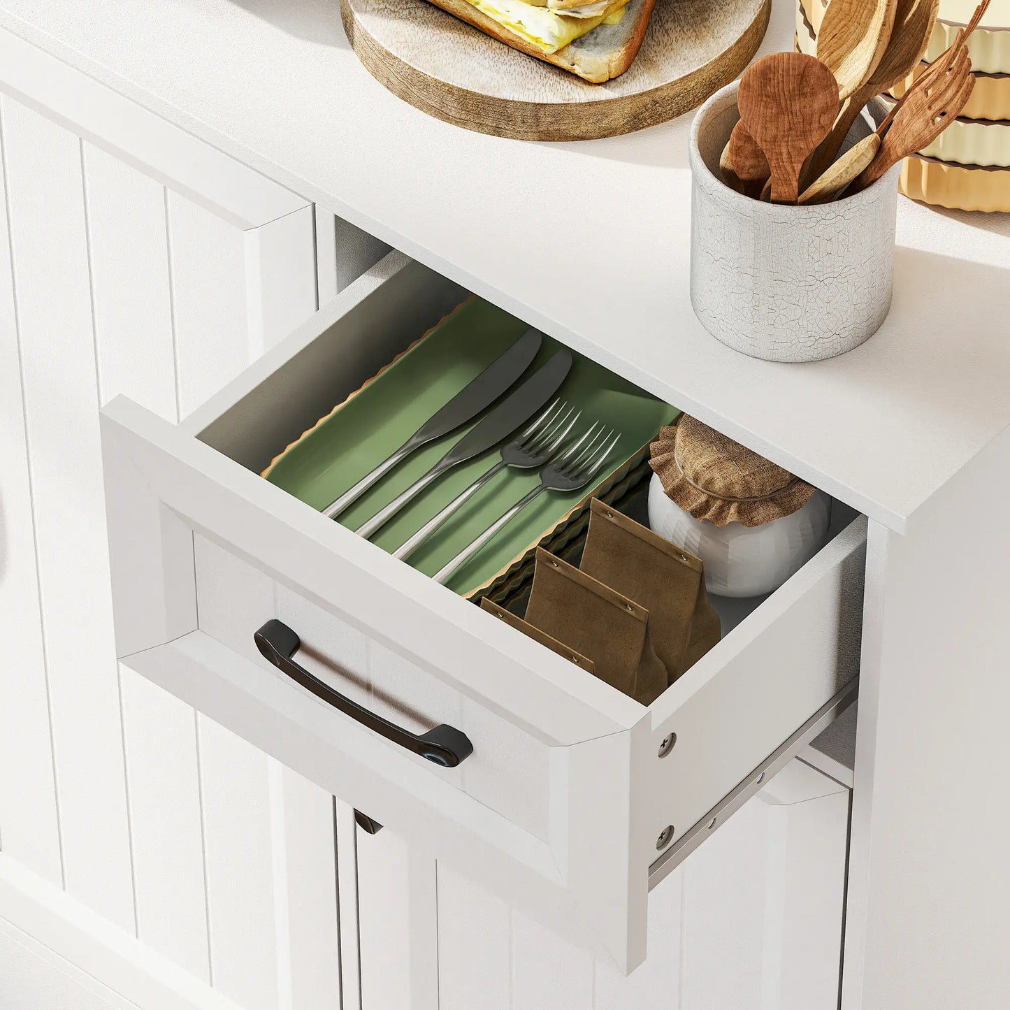 71 Inch Pantry Cabinet with Charging Station, Microwave Stand, Adjustable Shelves, White Kitchen Pantry Cabinets at Gallery Canada