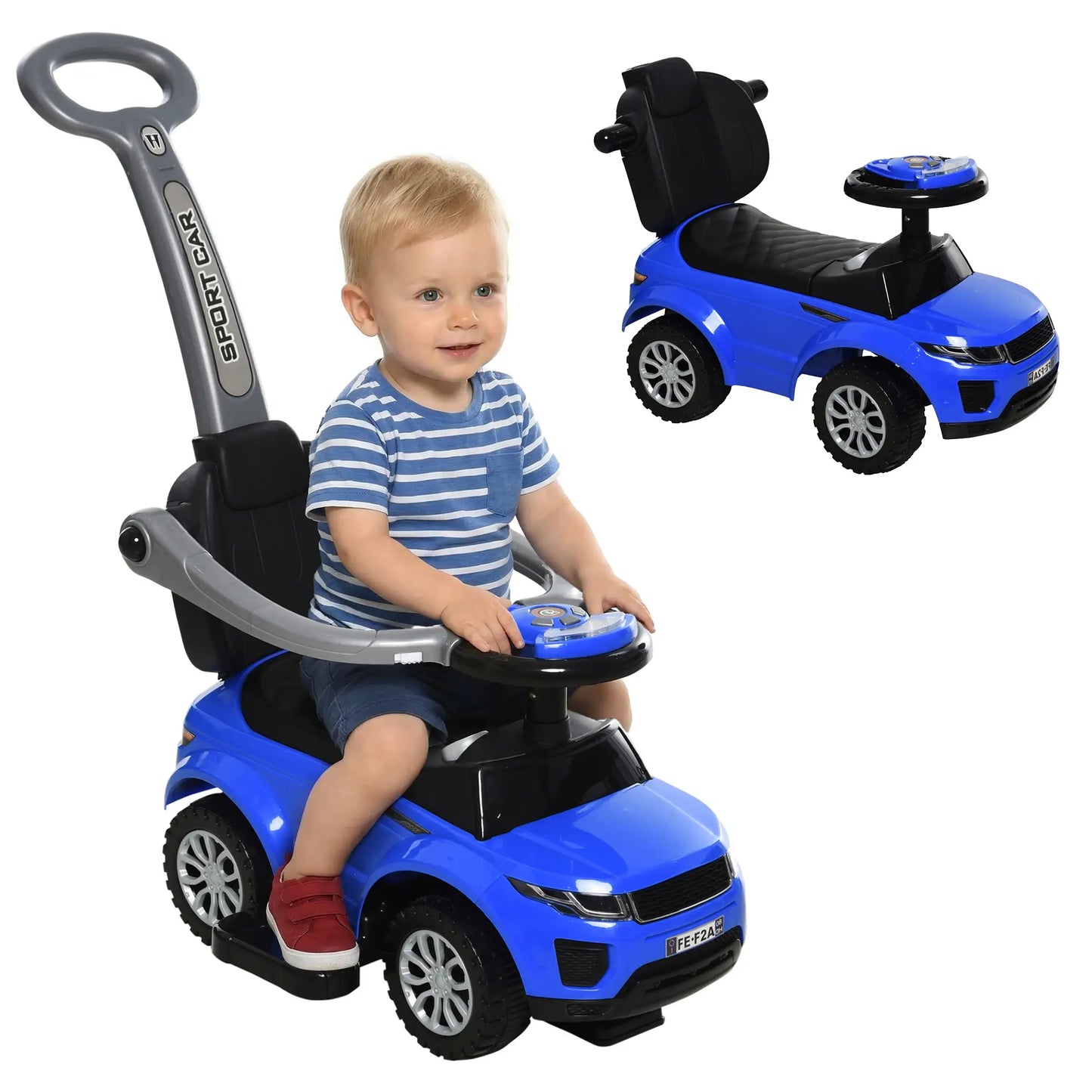 2 en 1 Poussette Voiture à Pousser pour Enfant, Voiture à Glissière avec Klaxon, Musique, Lumière, Barre de Sécurité, Bleu