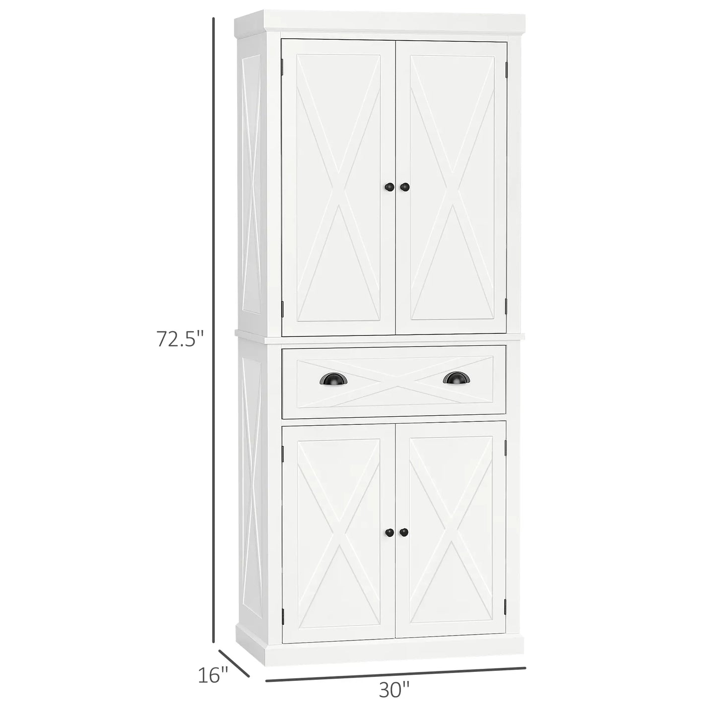 72.5" Kitchen Pantry Cabinet, 4 Doors, Drawer, Adjustable Shelves, White