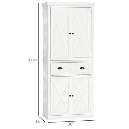 72.5" Kitchen Pantry Cabinet, 4 Doors, Drawer, Adjustable Shelves, White