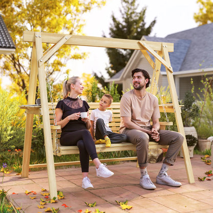 3 Seat Wooden Porch Swing With Stand, Natural Wood Patio Swings with Stand at Gallery Canada
