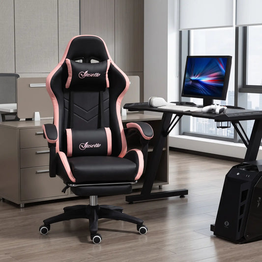 Gaming Chair, PU Leather Office Desk Chair with Footrest, Swivel Wheels, 135° Reclining Back, Black Video Game Chairs Black, Pink at Gallery Canada