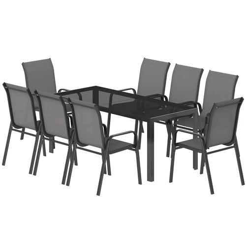 9-Piece Patio Dining Set, Glass Top Table, Stackable Chairs, Dark Grey