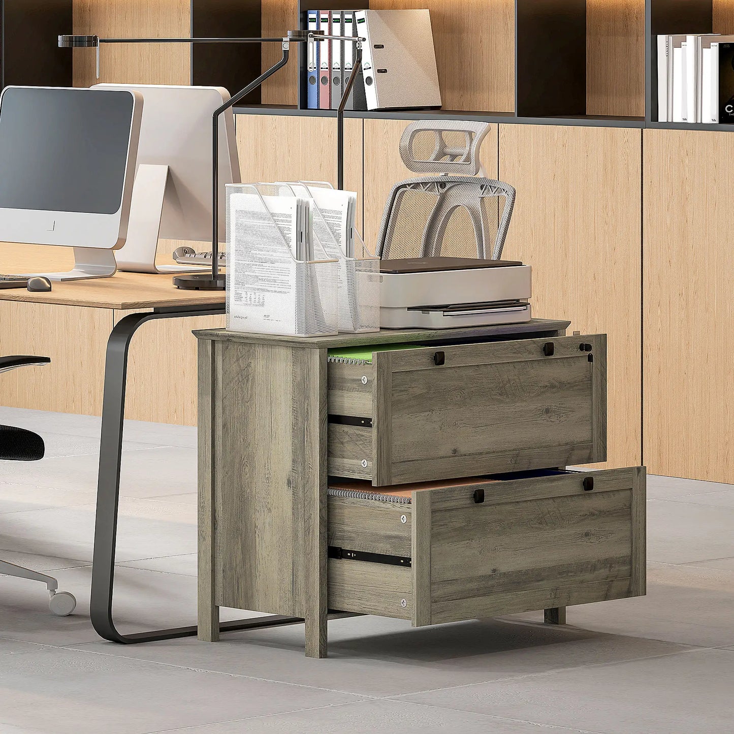 2 Drawer File Cabinet, Lockable, Adjustable Hanging Bar, Letter, A4 Size, Weathered Grey Oak Office Cabinets & Cupboards at Gallery Canada