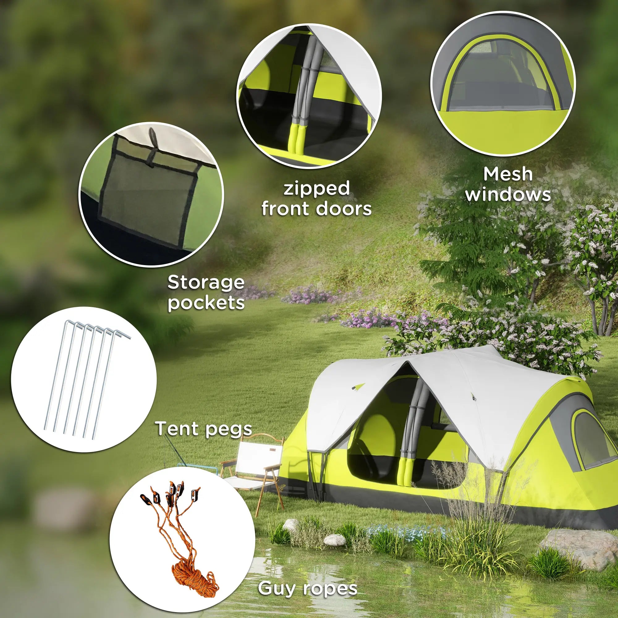 6-8 Man Camping Tent, 2000mm Waterproof Rainfly, Carry Bag, Green Camping Tents at Gallery Canada