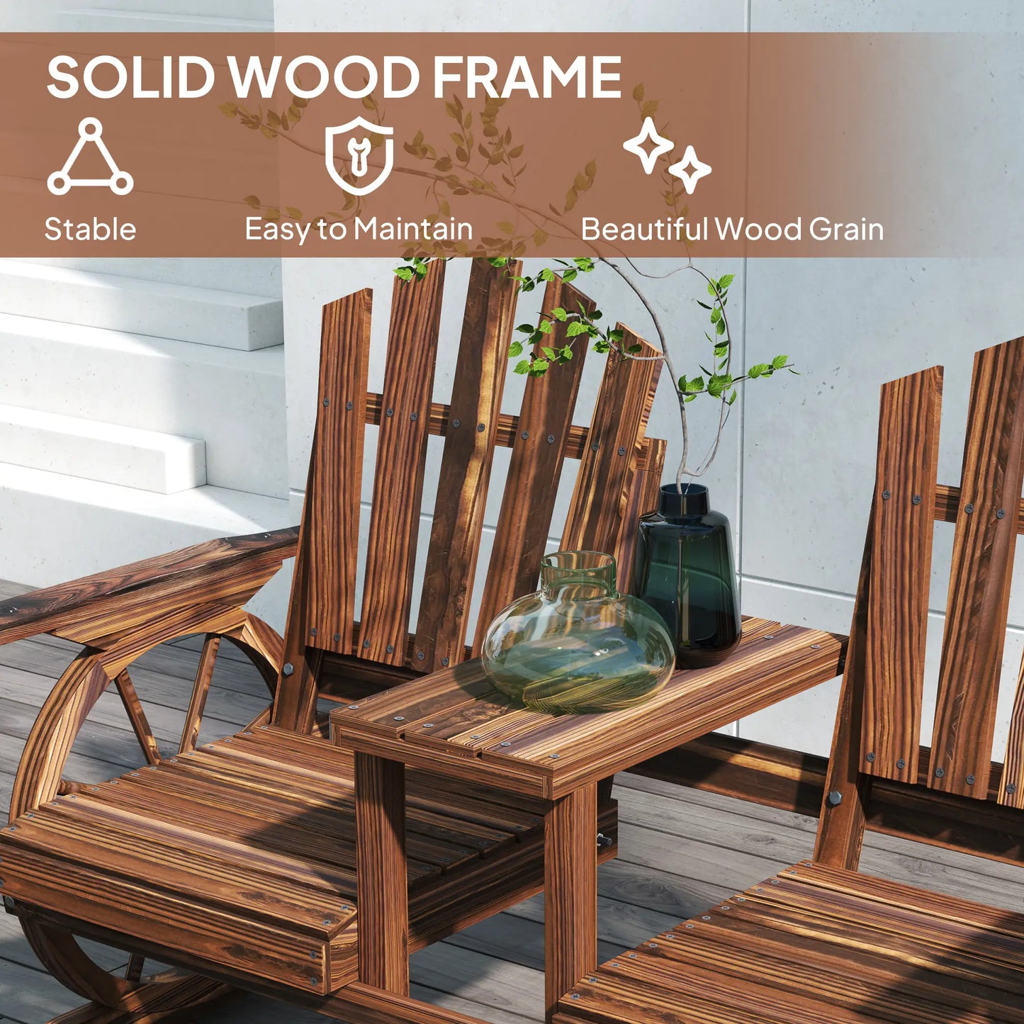 Wooden Outdoor Loveseat, Wagon Wheel Bench With Table, Carbonized Outdoor Benches at Gallery Canada