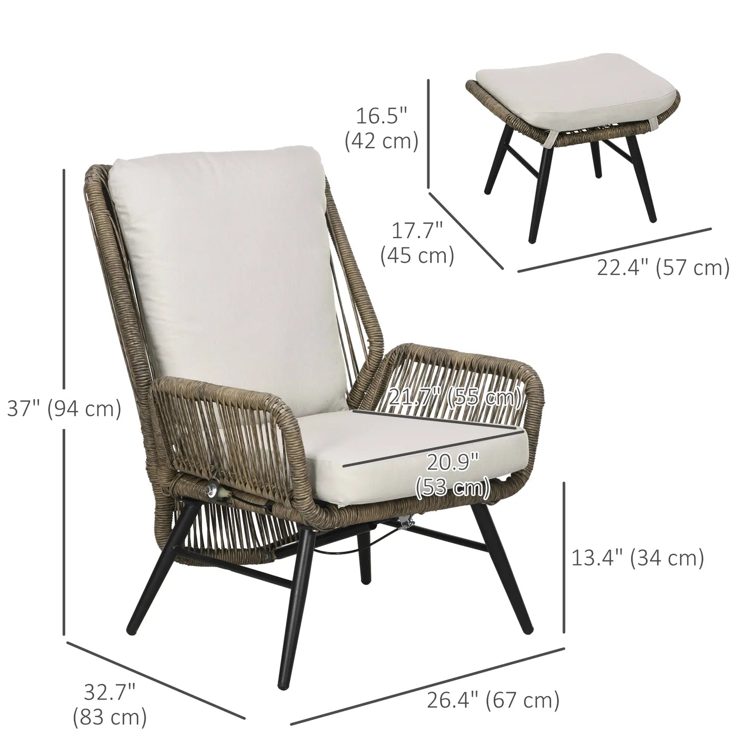 2 Pcs PE Rattan Leisure Chair Set, Outdoor Reclining Patio Chair with Footrest, Adjustable Backrest, Cushion, Khaki Patio Chairs at Gallery Canada