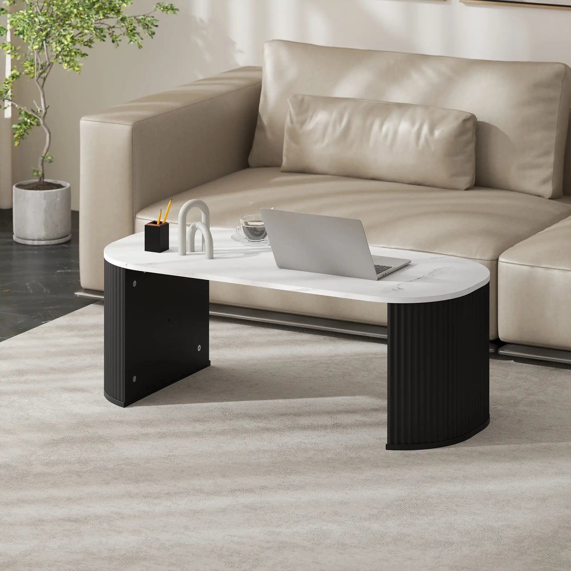 Modern Marble-Effect Coffee Table, Round Corners, Thicken Legs, Black Coffee Tables at Gallery Canada