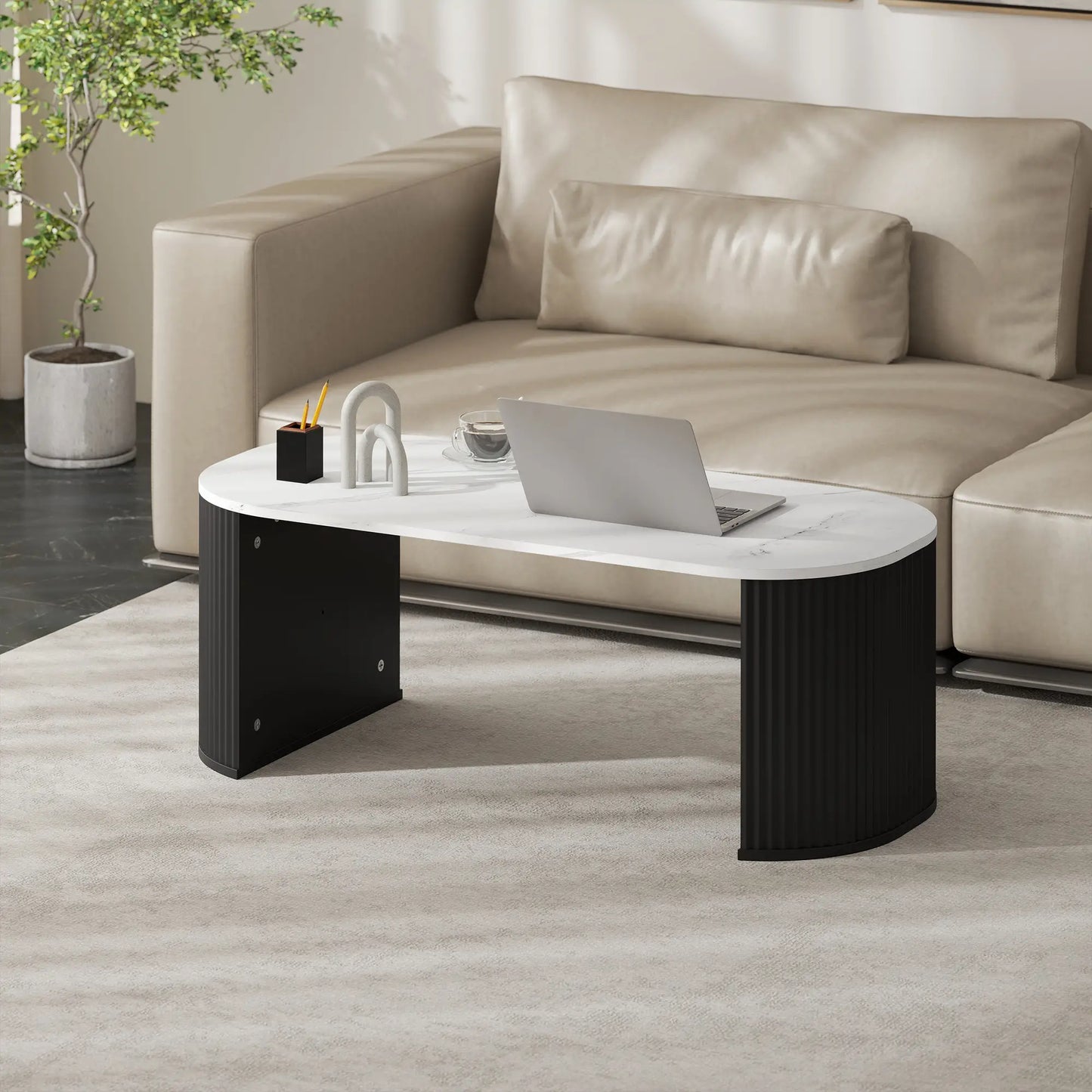 Modern Marble-Effect Coffee Table, Round Corners, Thicken Legs, Black Coffee Tables at Gallery Canada