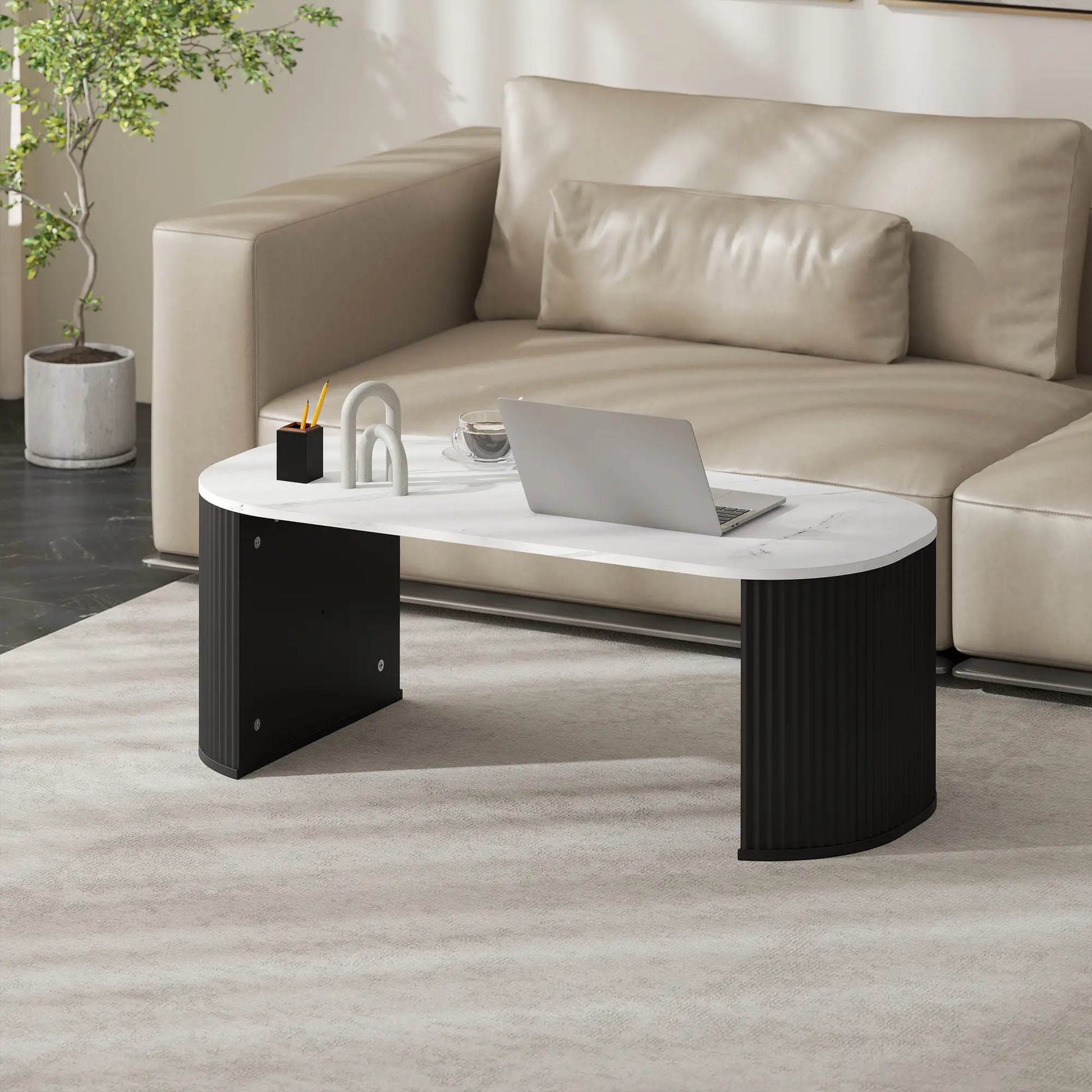 Modern Marble-Effect Coffee Table, Round Corners, Thicken Legs, Black Coffee Tables at Gallery Canada