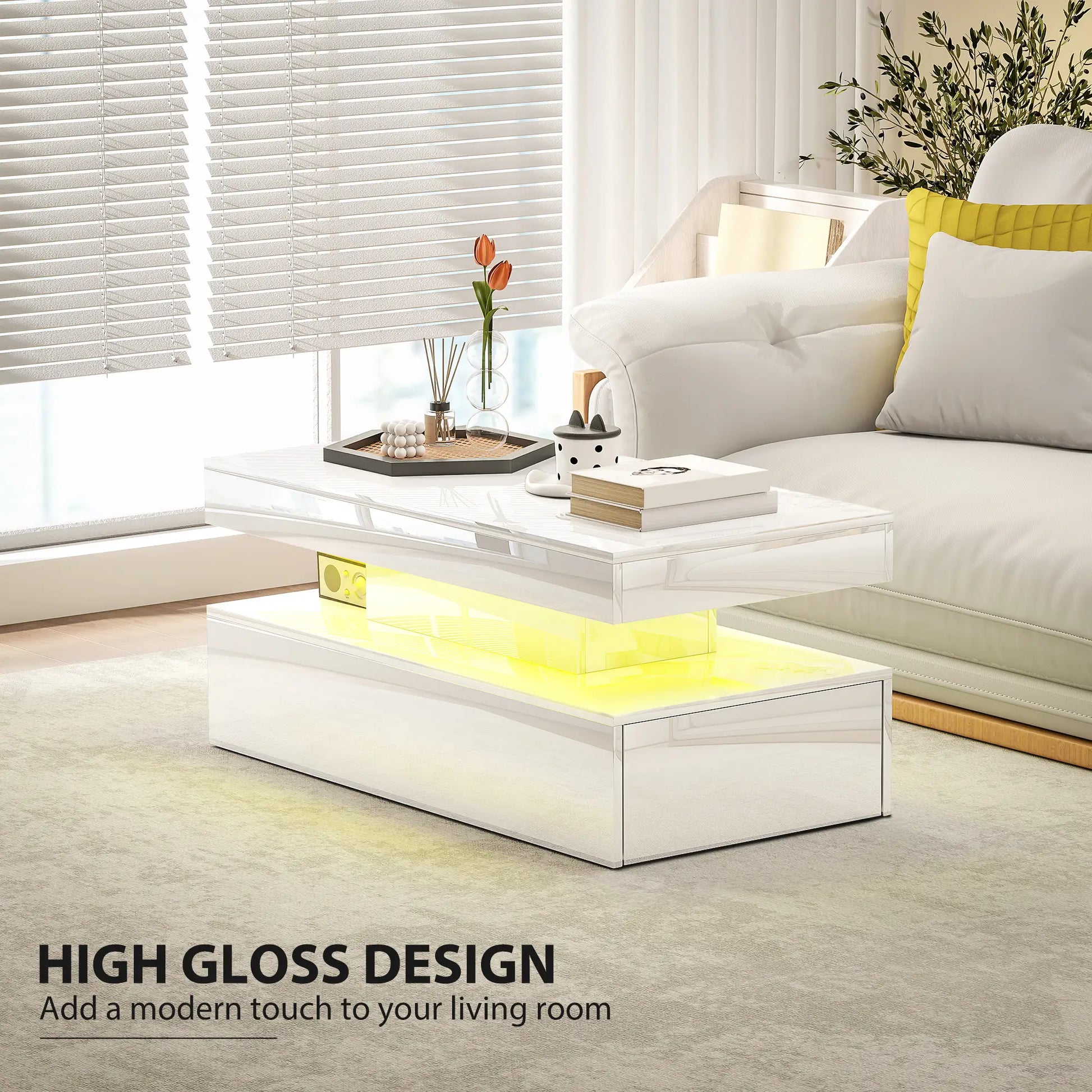 LED Coffee Table, 2 Drawers, Open Shelf, High Gloss White, White Coffee Tables at Gallery Canada
