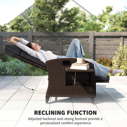 Outdoor Recliner Chair, Adjustable Backrest, Cushion, Side Tray, Black Wicker Chaise Loungers at Gallery Canada