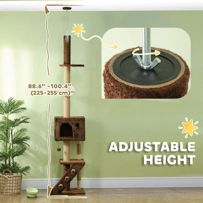 89"-104" Cat Tree with Scratching Post, Cat House, 3-Steps, Hanging Ball, Brown Floor to Ceiling Cat Trees at Gallery Canada