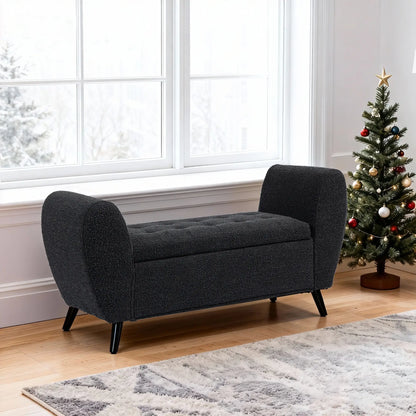 Upholstered Storage Bench with Arms, Modern Ottoman, Black