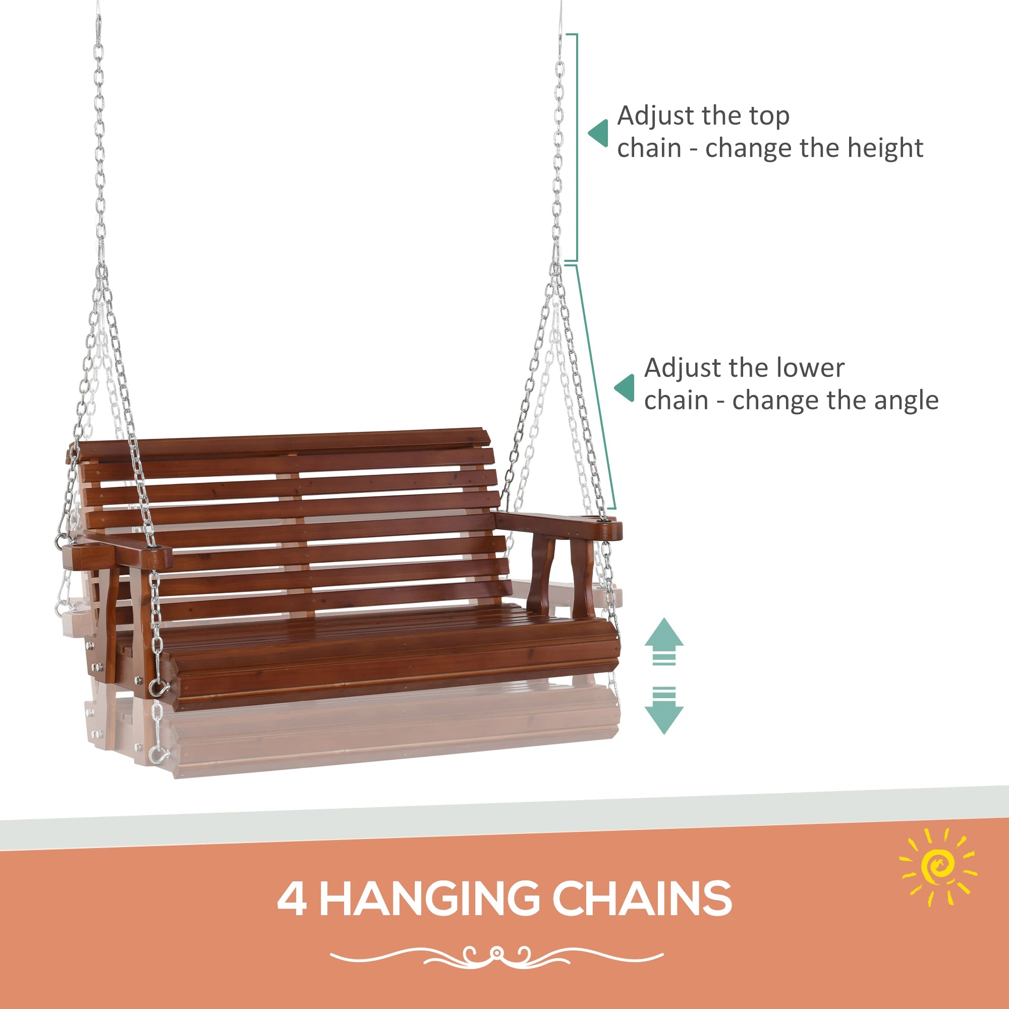 2 Seater Wooden Porch Swing, Patio Chair with Cup Holder, Brown Hanging Porch Swings at Gallery Canada
