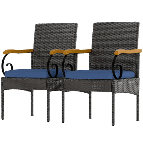 Set of 2 Rattan Outdoor Dining Chairs, Removable Cushion, Navy Blue